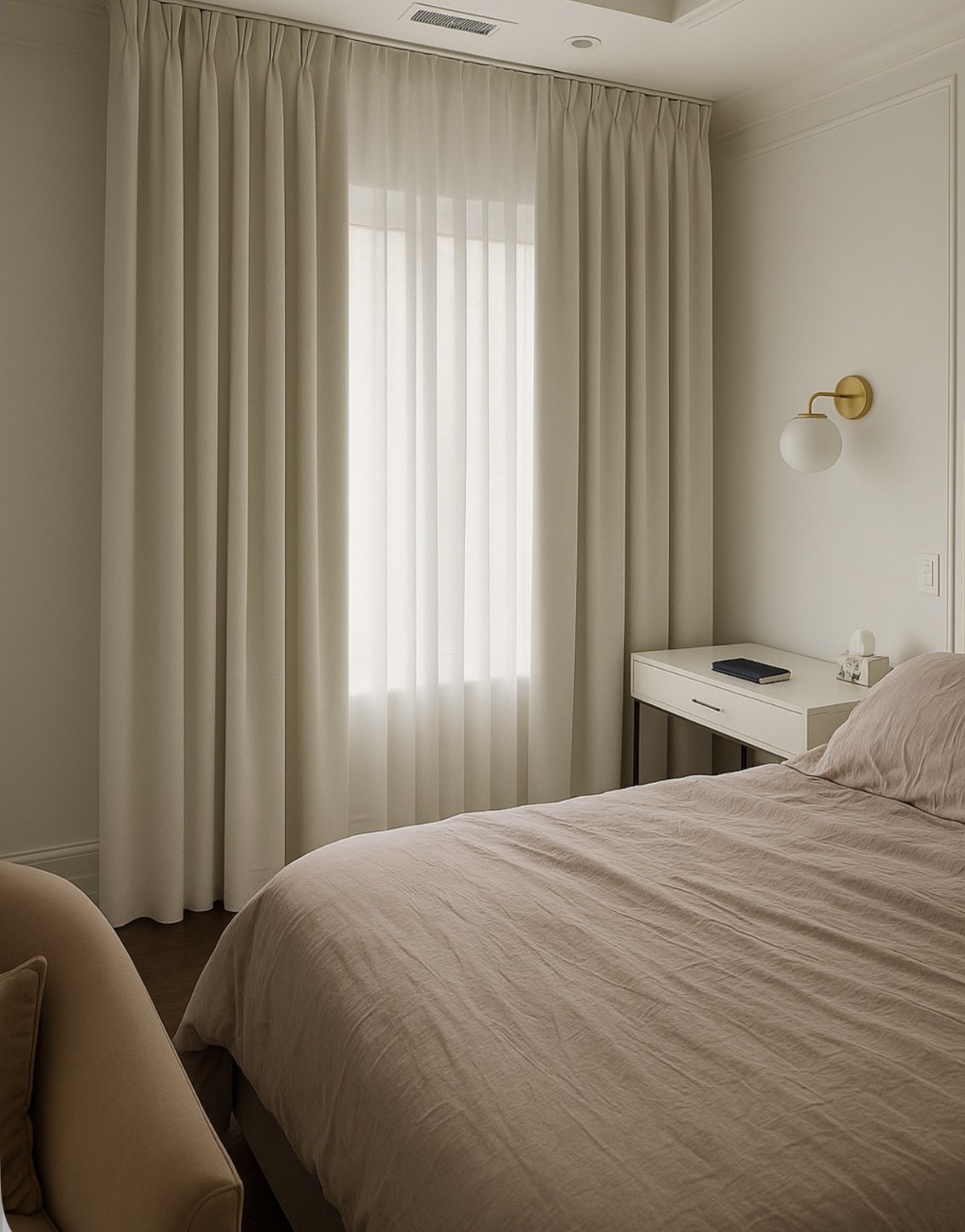 Pinch Pleat Drapery & Sheers in Bedroom
